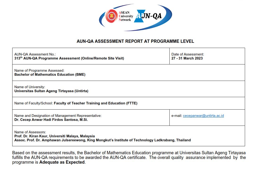 Program Studi Pendidikan Matematika UNTIRTA berhasil meraih sertifikasi AUN-QA (ASEAN University Network – Quality Assurance)