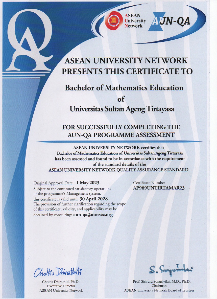 Perolehan Sertifikat Penilaian Program AUN-QA untuk Program Studi Pendidikan Matematika FKIP Untirta